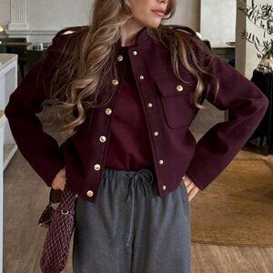 Burgundy Casual Women's Pockets Buttons detailed Jacket